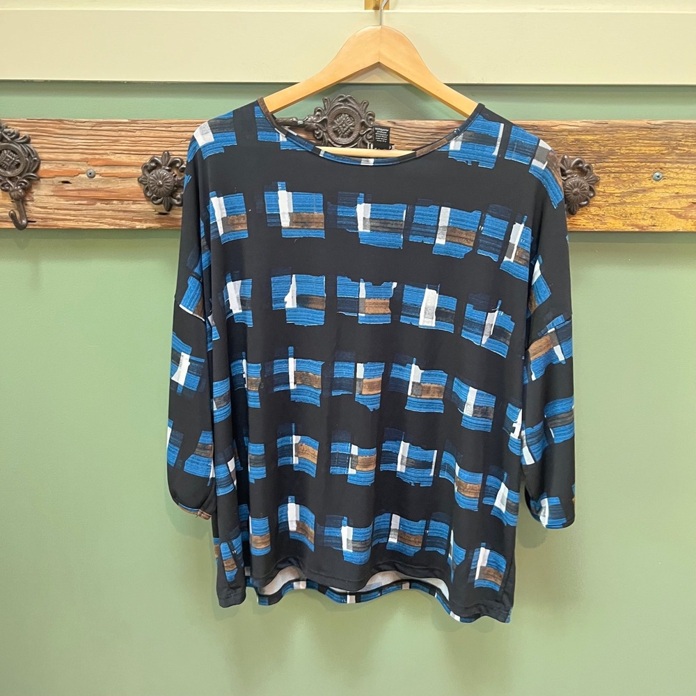 Clara Sunwoo Women XL Black Blue Abstract Geometric 3/4 Sleeve Stretch Top USA